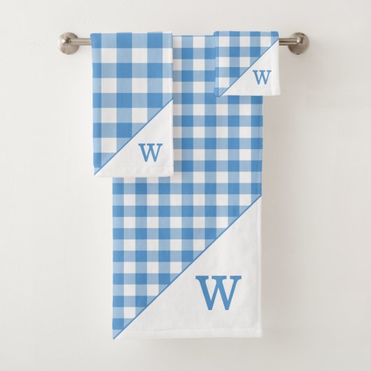 Monogram Lichtblauw Wit Buffel Plaid Patroon Bad Handdoek (Insitu)