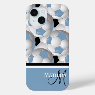 Monogram Lichtblauw Zwart Voetbal Patroon iPhone 15 Case