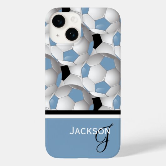 Monogram Lichtblauw Zwart Voetbal Patroon Case-Mate iPhone Case (Achterkant)