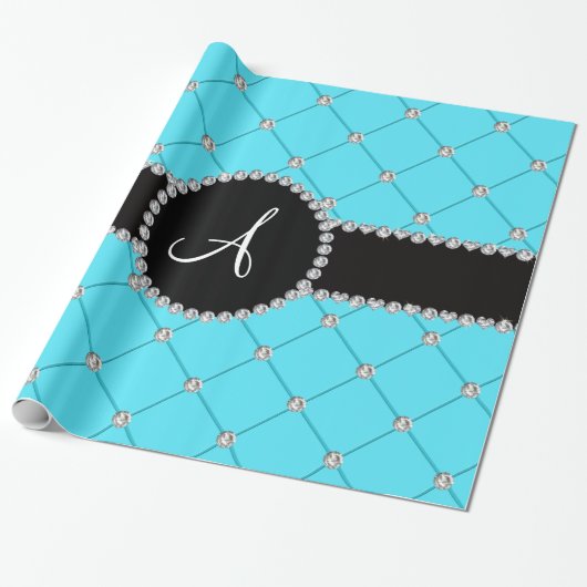 Monogram lichtblauwe vlotterdiamanten cadeaupapier (Uitgerold)