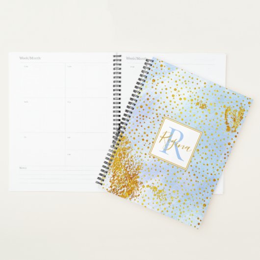Monogram lichtblauwe waterverf en goudconfetti planner (Display)