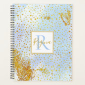 Monogram lichtblauwe waterverf en goudconfetti planner (Voorkant)