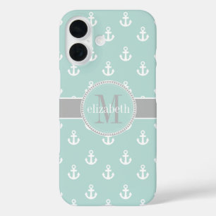 Monogram lichte Blauwgroen witte grijze scheepsank iPhone 16 Hoesje