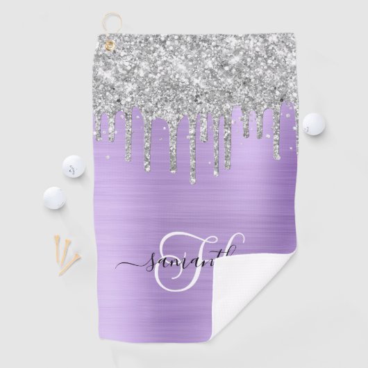Monogram Lichte Lavendel Zilveren Dripping Glitter Golfhanddoek (Insitu)