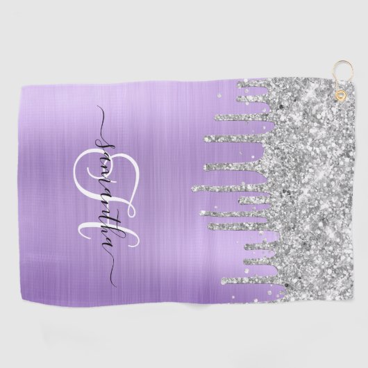 Monogram Lichte Lavendel Zilveren Dripping Glitter Golfhanddoek (Horizontaal)