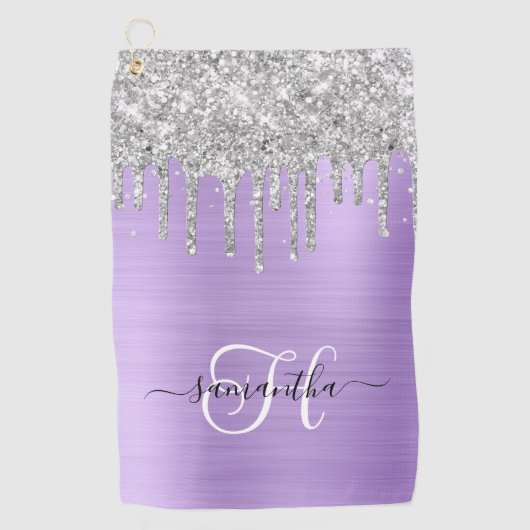 Monogram Lichte Lavendel Zilveren Dripping Glitter Golfhanddoek (Voorkant)