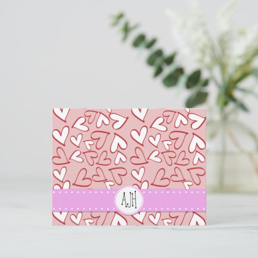 Monogram - Liefde, Romance, Harten - Rood Roze Wit Briefkaart (Staand voorkant)
