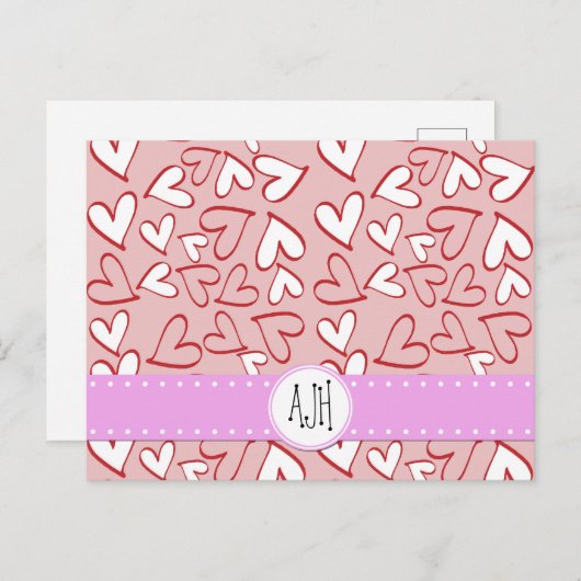 Monogram - Liefde, Romance, Harten - Rood Roze Wit Briefkaart (Voorkant / Achterkant)