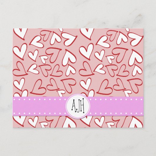 Monogram - Liefde, Romance, Harten - Rood Roze Wit Briefkaart (Voorkant)