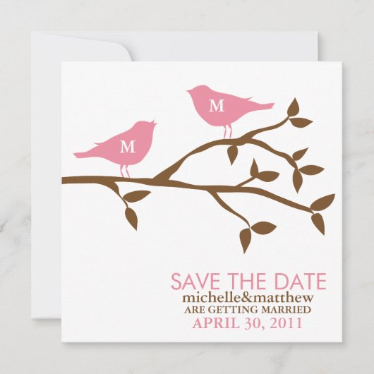 Monogram Liefde Vogels Trouwen Save the Date Kaart (Voorkant)