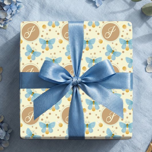 Monogram Lieve Blauwe Vlinders Cadeaupapier