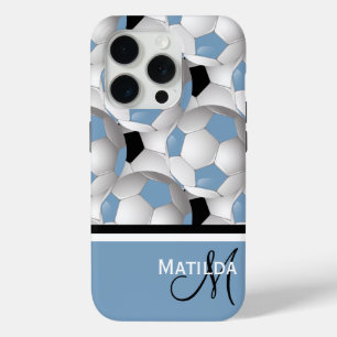 Monogram Light Blue Black Voetbal Patroon iPhone 15 Pro Case