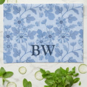 Monogram Light Blue en Navy Floral Pattern Theedoek (Gevouwen)