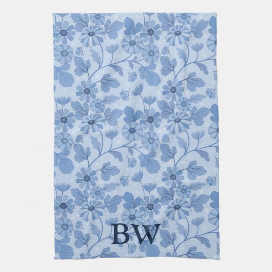 Monogram Light Blue en Navy Floral Pattern Theedoek (Verticaal)