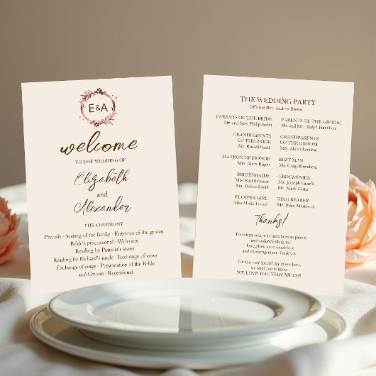 Monogram Light Peach Wedding Program Kaart