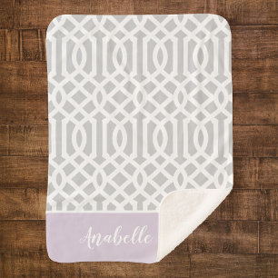 Monogram lila en grijs Trellis   bewerkbare kleure Sherpa Deken