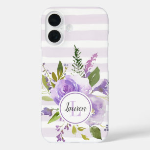 Monogram lila Floral en Stripes iPhone 16 Hoesje