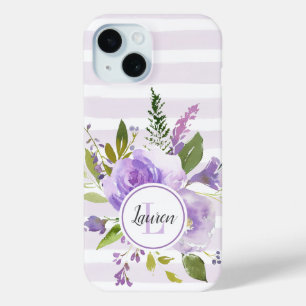 Monogram lila Floral en Stripes iPhone 15 Case