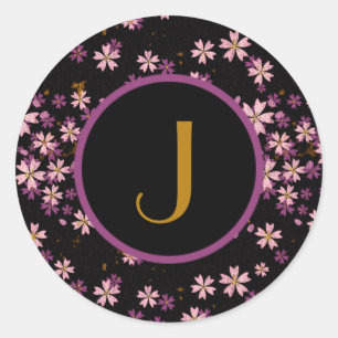 Monogram Lila Paarse Wilde Bloemen op Zwart Ronde Sticker