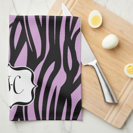 Monogram Lila Paarse Zebra Print Keukenhanddoek (Quarter Fold)