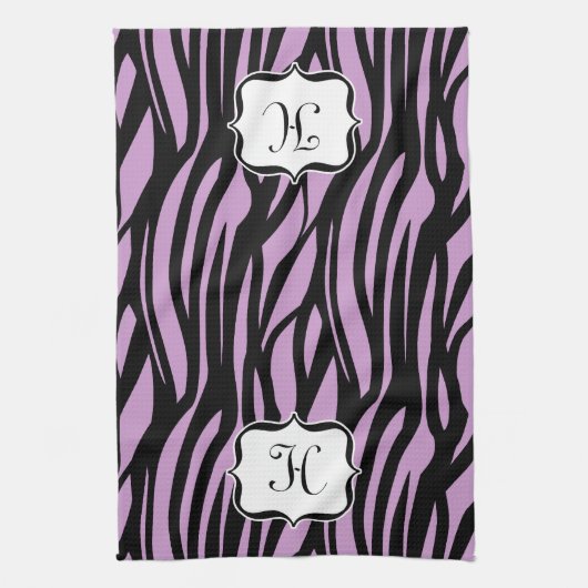 Monogram Lila Paarse Zebra Print Keukenhanddoek (Verticaal)