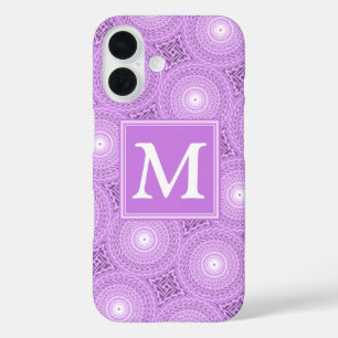 Monogram lilac purple circles pattern iPhone 16 hoesje