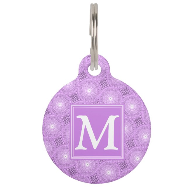 Monogram lilac purple circles pattern huisdierpenning (Voorkant)