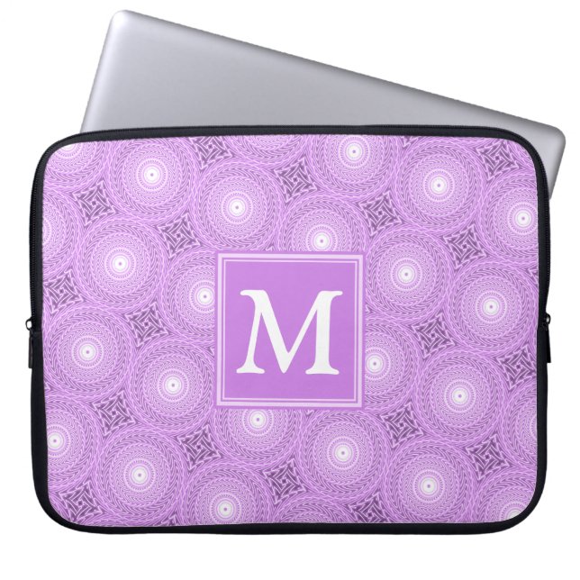 Monogram lilac purple circles pattern laptop sleeve (Voorkant)