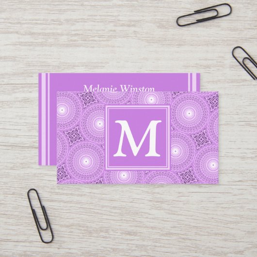 Monogram lilac purple circles pattern visitekaartje (Voorkant / Achterkant in situ)