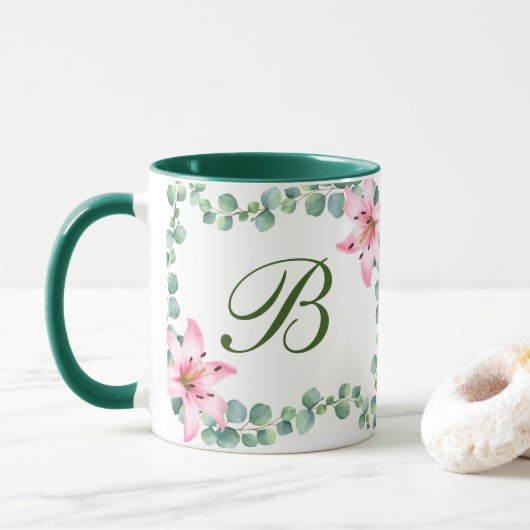 Monogram Lily Flower Pattern Coffee Mok (Met donut)