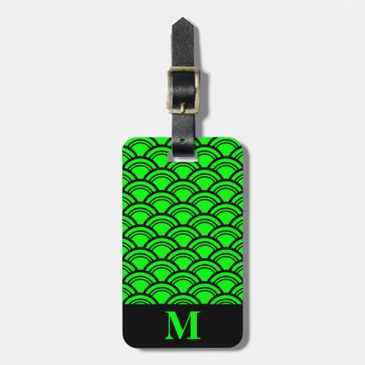Monogram Lime Green Art Deco Scallop Fish Scales Bagagelabel (Voorkant verticaal)