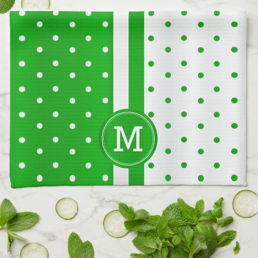 Monogram Lime Green en White Polka Dot Theedoek (Gevouwen)