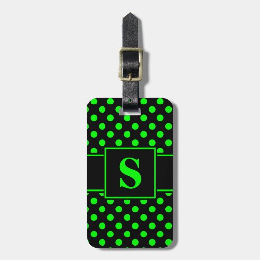 Monogram Lime Green Polka Dots op Zwart Bagagelabel (Voorkant verticaal)