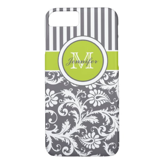 Monogram Limoen grijs Witte Stripe Damask Case-Mate iPhone Case (Achterkant)