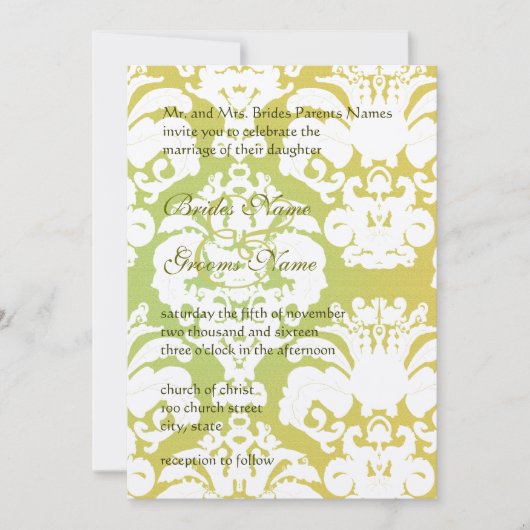 Monogram Limoen Light Gold Damask Wedding Invitati Kaart (Voorkant)