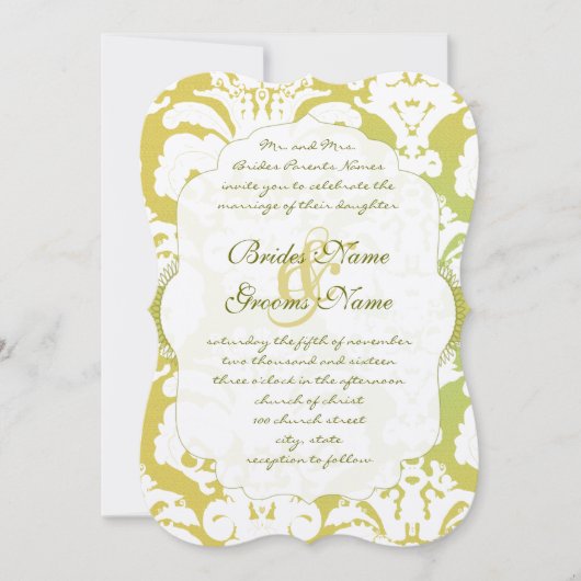 Monogram Limoen Light Gold Damask Wedding Invitati Kaart (Voorkant)