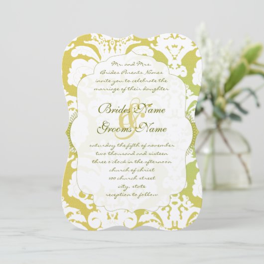 Monogram Limoen Light Gold Damask Wedding Invitati Kaart (Staand voorkant)