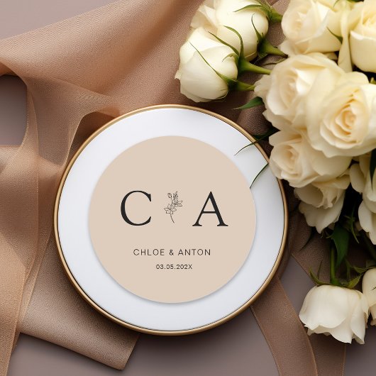 Monogram, Line-Art-bloem, bruiloft, beige-bruin Ronde Sticker