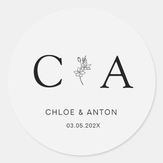 Monogram, Line-Art-bloem, bruiloft, lichtgrijs Ronde Sticker (Voorkant)
