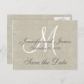 Monogram linnen Bewaar de datum Aankondigingskaart (Voorkant / Achterkant)