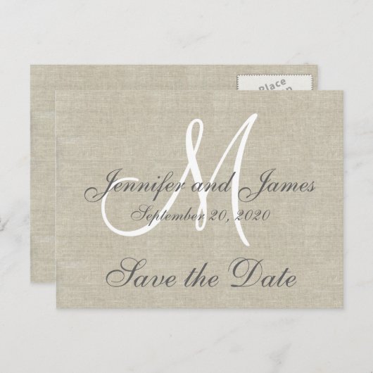Monogram linnen Bewaar de datum Aankondigingskaart (Voorkant / Achterkant)