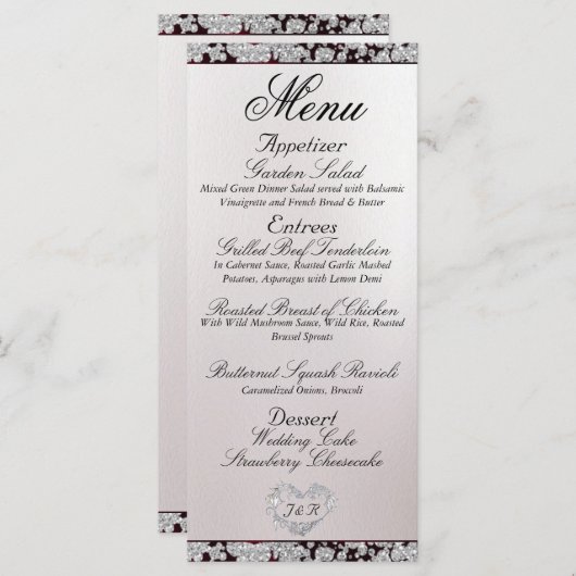 Monogram, lint en glitter - Bourgondische bruiloft Menu (Voorkant / Achterkant)