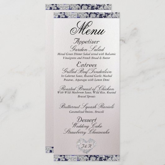 Monogram, lint & glitter - Blauwe bruiloft Menu (Voorkant / Achterkant)