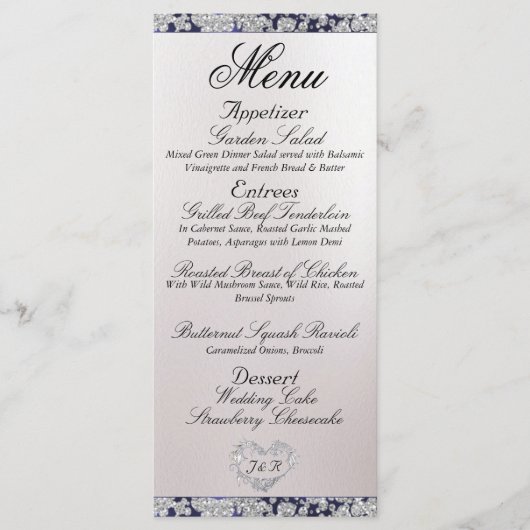 Monogram, lint & glitter - Blauwe bruiloft Menu (Voorkant)