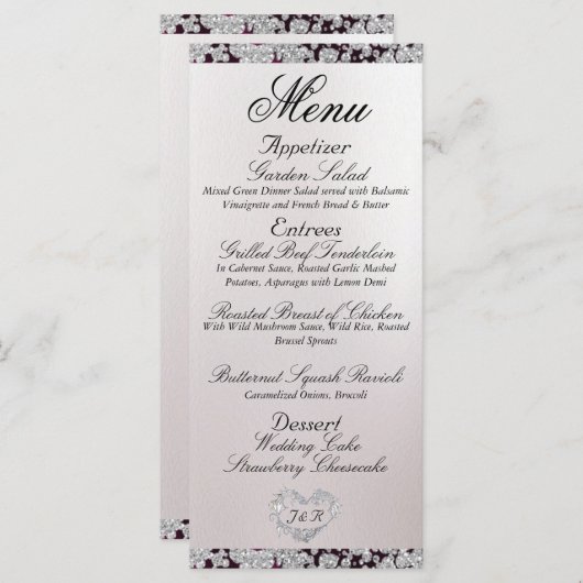 Monogram, lint & glitter - Paarse bruiloft Menu (Voorkant / Achterkant)