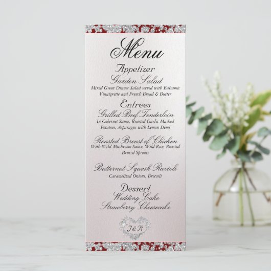 Monogram, Lint & Glitter - Rode bruiloft Menu (Staand voorkant)