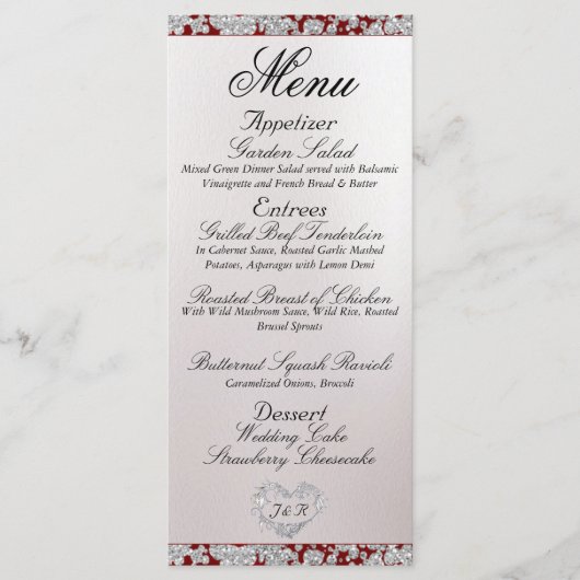 Monogram, Lint & Glitter - Rode bruiloft Menu (Voorkant)