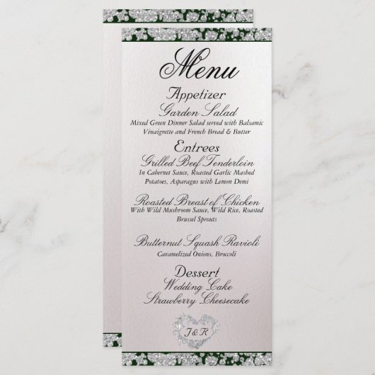 Monogram, lint & glitter - Smaragdgroene bruiloft Menu (Voorkant / Achterkant)