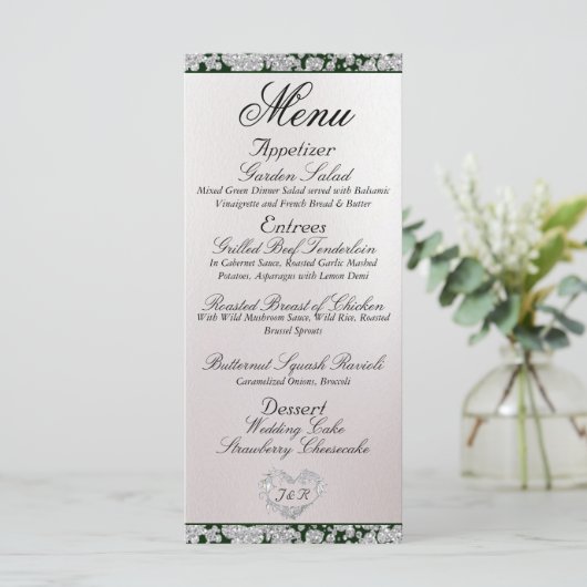 Monogram, lint & glitter - Smaragdgroene bruiloft Menu (Staand voorkant)