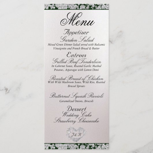 Monogram, lint & glitter - Smaragdgroene bruiloft Menu (Voorkant)